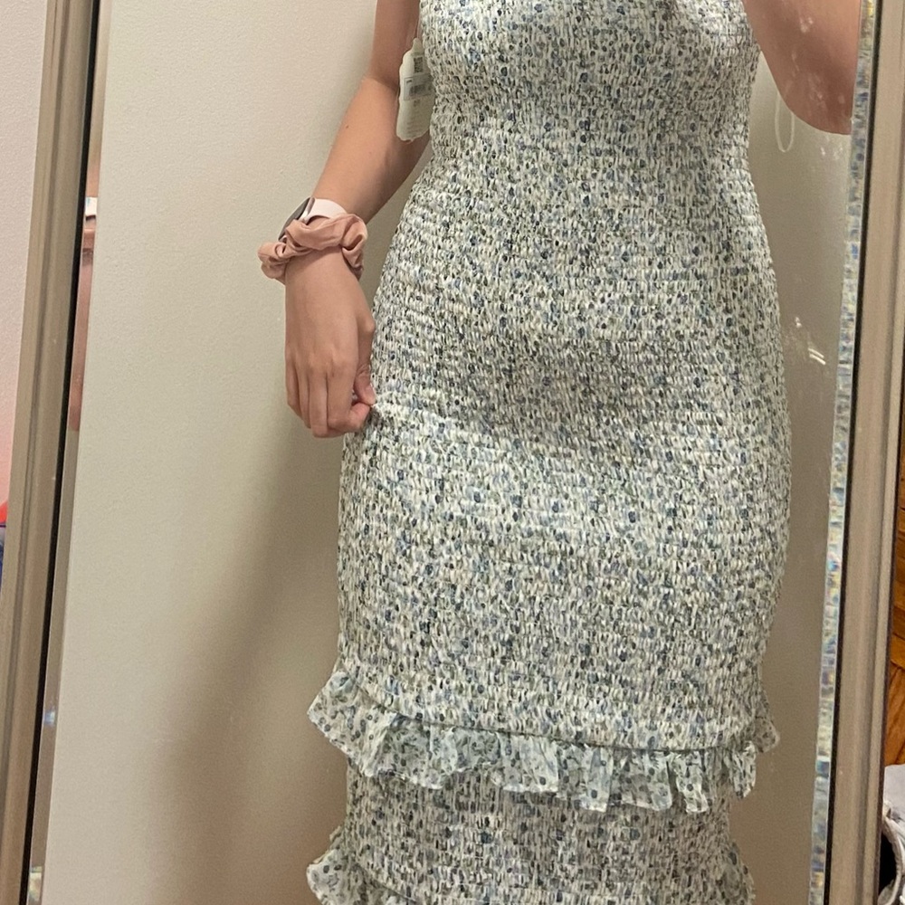 Altar'd State Black and White Smocked Tiered Midi Dress